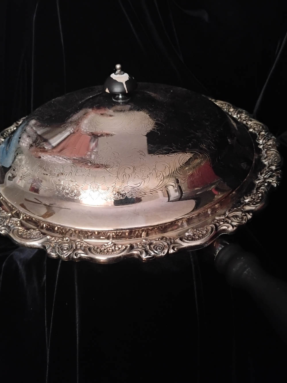 Ornate Silver Plated Covered Serving Platter with Decorative Floral Rim